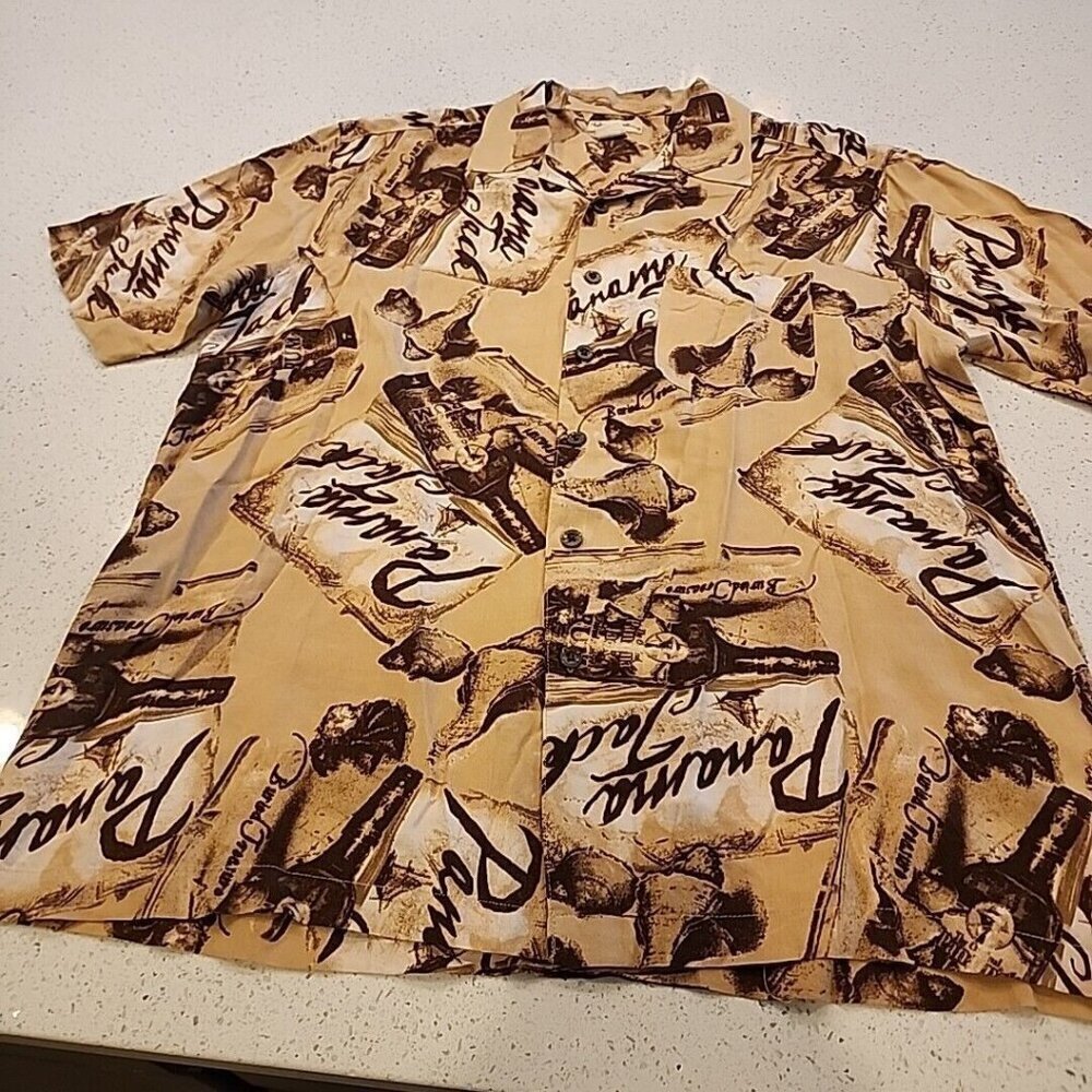 Panama Jack Mens Collared button down L shirt Short Sleeve Brown Tropical